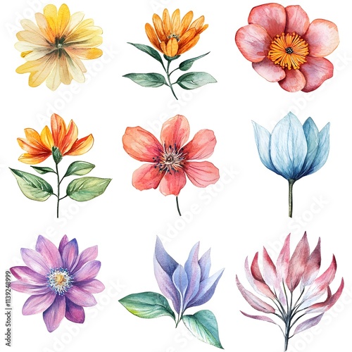 Watercolor clip art of A collection of vibrant flowers photo