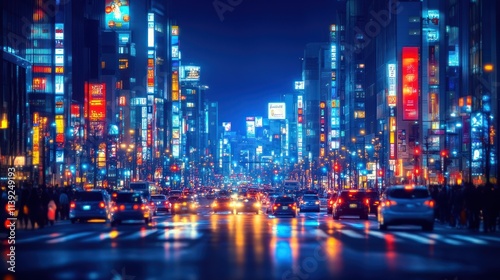 A vibrant city street illuminated by neon lights at night, showcasing urban life and movement.