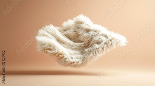 Luxurious faux fur shawl gently hovering in mid air with soft flowing textures  The cream and pale gold gradient backdrop creates a cozy elegant winter vibe photo