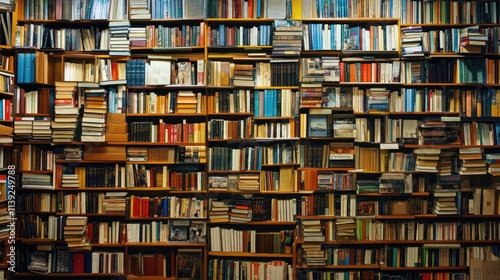 A wall of books fills many wooden shelves