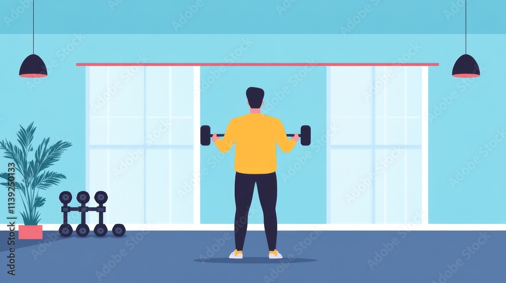 Fototapeta premium A Person Lifting Weights in a Bright and Modern Home Gym with Large Windows and a Relaxing Indoor Plant for a Motivating Workout Environment