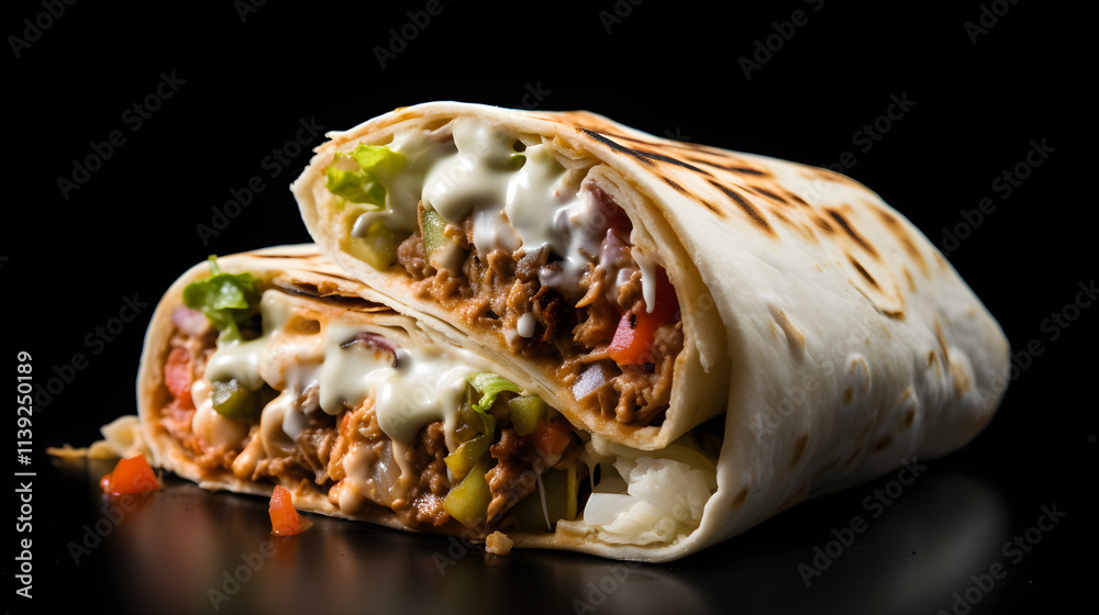 Delicious and Tempting Close-up Image of Stuffed Burrito: The Perfect Portable Lunch Delicious and Tempting Close-up Image of Stuffed Burrito: The Perfect Portable Lunch