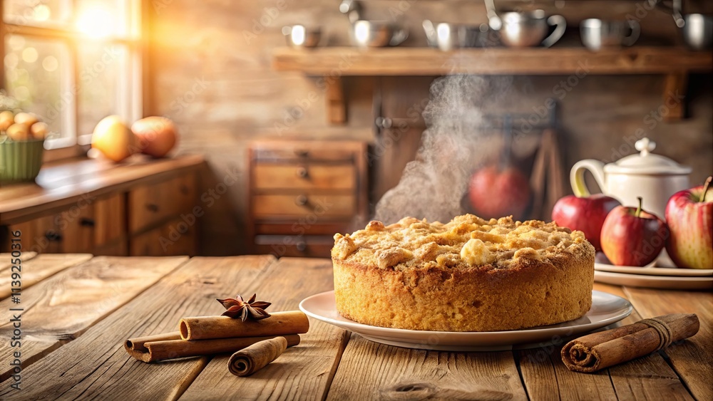 Warm Apple Crumble Cake on Rustic Wooden Table with Cinnamon Sticks and Star Anise Warm Apple Crumble Cake on Rustic Wooden Table with Cinnamon Sticks and Star Anise