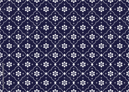 White symbol floral on dark blue background, Portuguese style, ethnic fabric seamless pattern, design for cloth, carpet, batik, wallpaper, wrapping etc.
