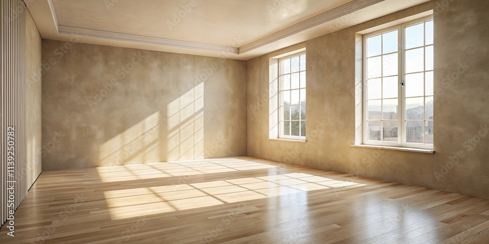 Sunlight streams through large windows illuminating a spacious room with light beige walls and light wood flooring. Sunlight streams through large windows illuminating a spacious room with light beige walls and light wood flooring.