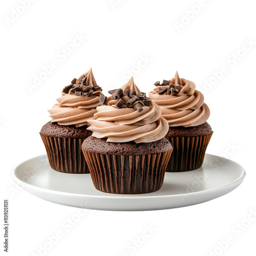 Chocolate cupcakes on a plate, isolated with a white background, elegant and appetizing presentation. cutout png