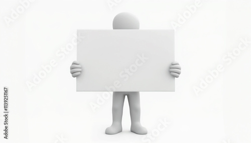 3D white cartoon character holding a blank sign - Generative AI