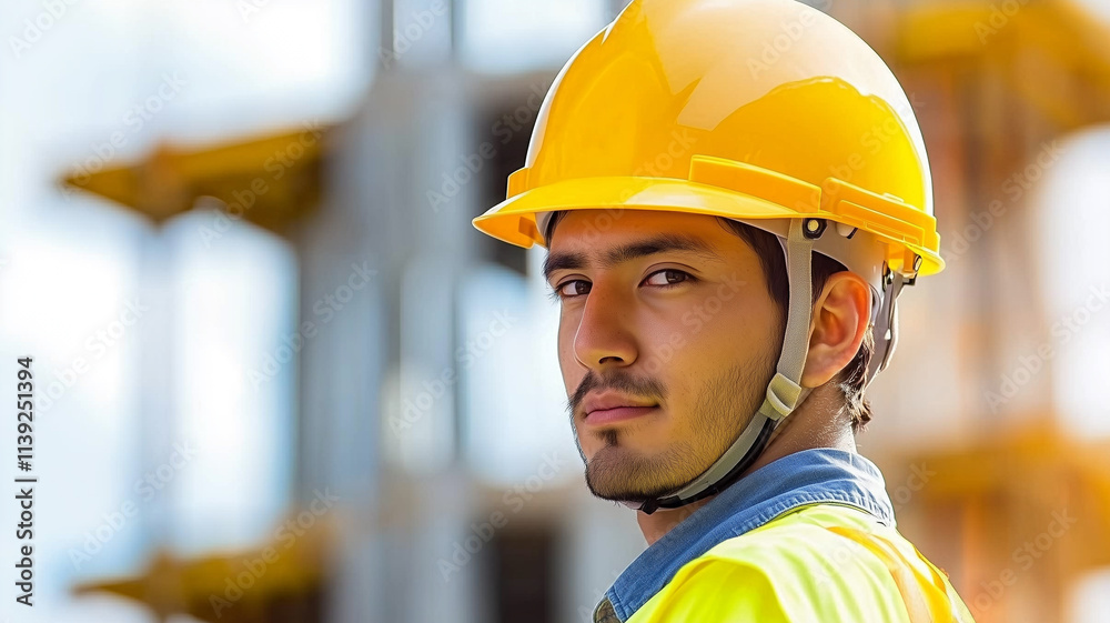 A construction worker in a bright yellow hard hat and vest, focused on a busy construction site in the background.
A construction worker in a bright yellow hard hat and vest, focused on a busy construction site in the background.