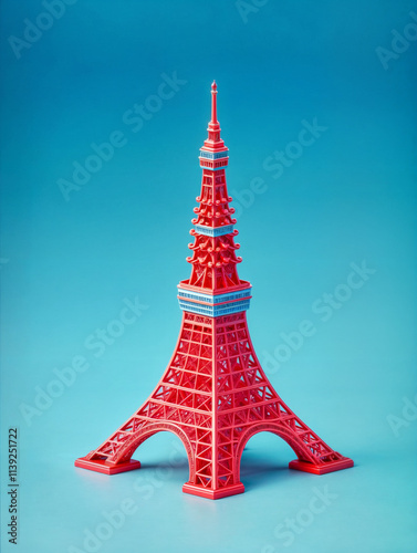 a miniature model maquette of red blue tower landmark in poly 3d style against striking blue limbo as the background	
