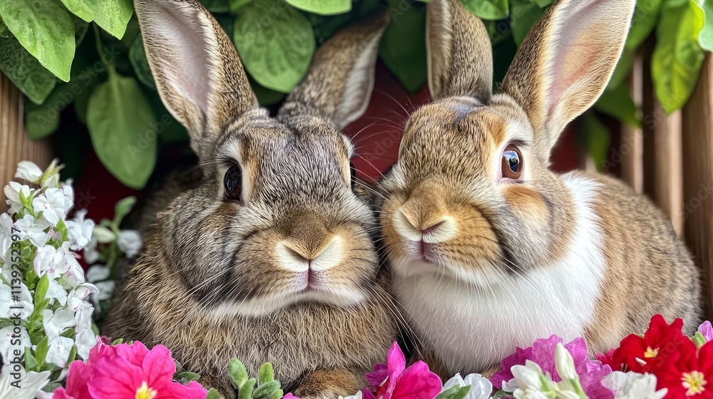 Obraz premium A pair of fluffy rabbits sitting close together in a heart-shaped flower bed, their noses touching as they share a loving gaze
