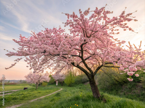 blossom in spring. tree, spring, nature, blossom, landscape, grass, park, trees, cherry, sky, flower, bloom, orchard, garden, pink, blooming, forest, season, field, blue, leaves, flowers, outdoor, mea photo