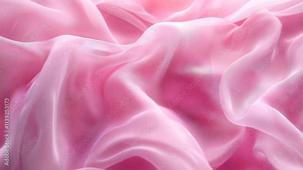 Fototapeta premium Delicate pink organza chiffon fabric background with soft swirling creases for elegant wedding dresses, feminine apparel design, and fine couture sewing concepts