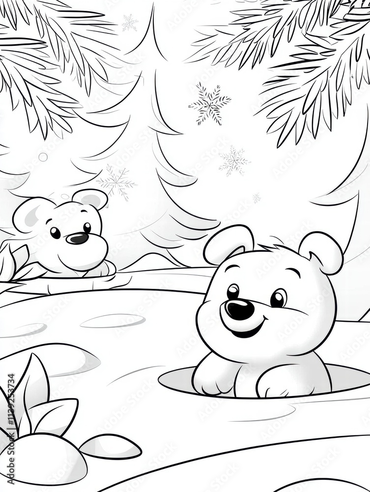 Two Cute Polar Bears Playing in the Snow - Coloring Page