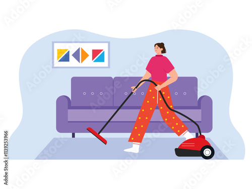 Female cleans her house. Sunday morning beautiful day design illustration. Flat Sunday morning vector illustration.