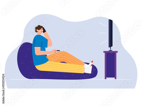Girl sitting relaxing while watching tv. Sunday morning beautiful day design illustration. Flat Sunday morning vector cartoon illustration.
