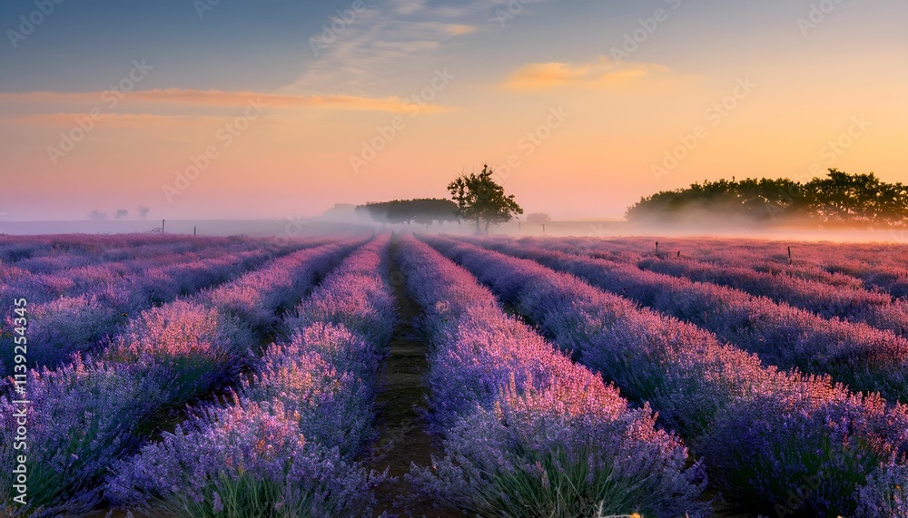 Golden Dawn Over Lavender Fields with Morning Mist Golden Dawn Over Lavender Fields with Morning Mist