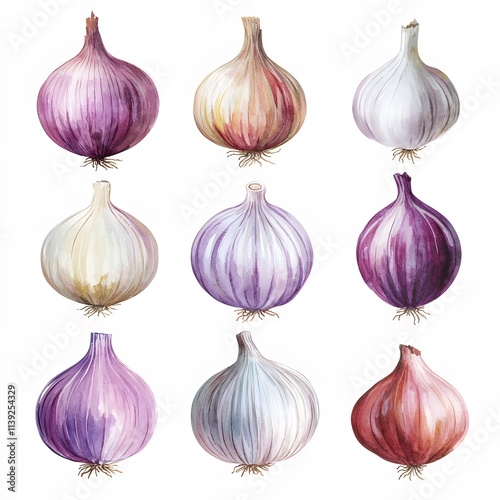 Watercolor clip art of A beautiful collection of different types of onions illustrated in a vibrant watercolor style. Ideal for food and culinary themes. photo