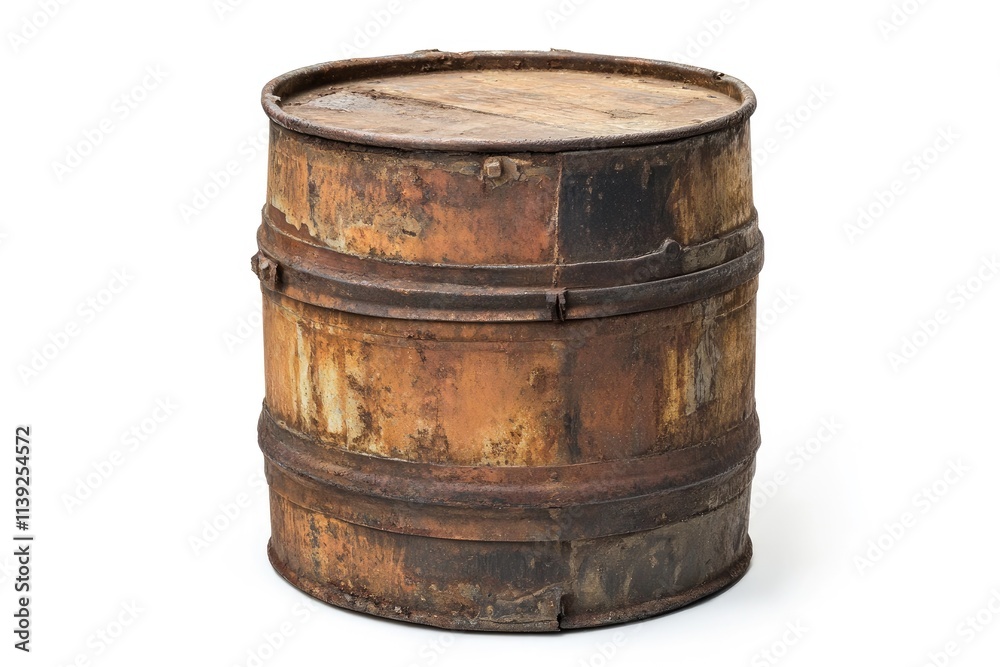 A rusty old wooden barrel stands alone A rusty old wooden barrel stands alone