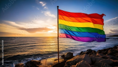 pride flag gay pride lgbtq rainbow colored flag by the ocean sunny blue sky beautiful beach sea view  photo