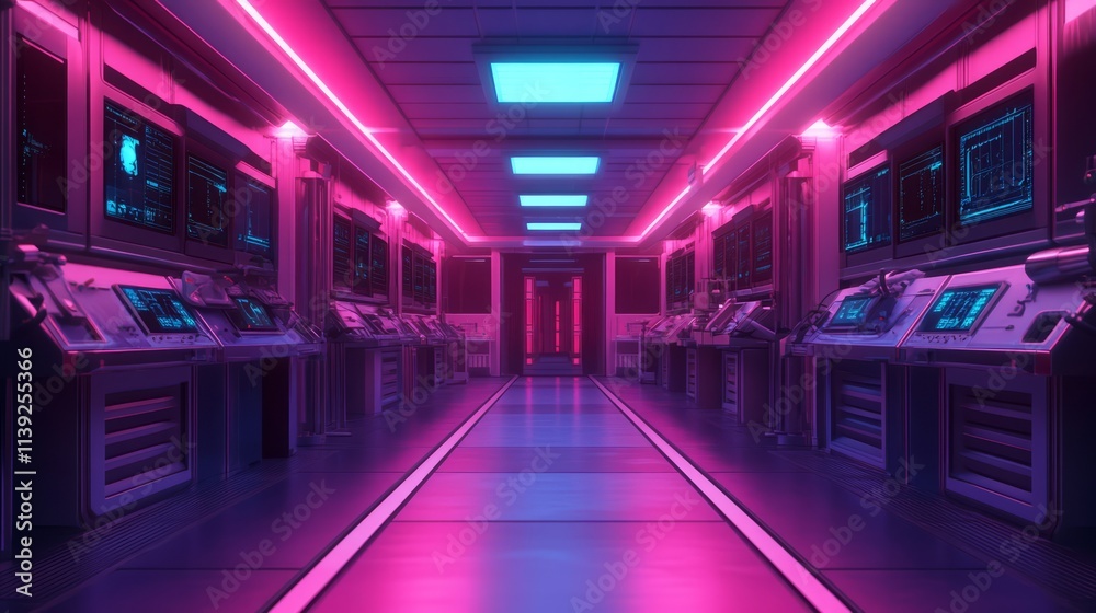 Futuristic Sci-Fi Corridor with Neon Lights and High-Tech Control Panels in a Sleek, Modern Environment Ideal for Conceptual Designs and Illustrations Futuristic Sci-Fi Corridor with Neon Lights and High-Tech Control Panels in a Sleek, Modern Environment Ideal for Conceptual Designs and Illustrations