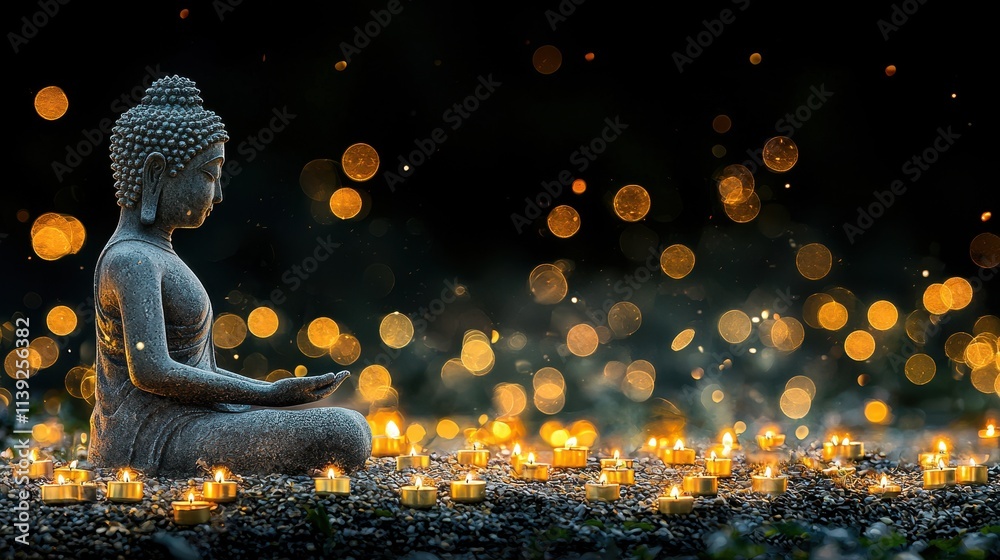Illuminating serenity a buddha statue surrounded by golden candles in a tranquil setting high fidelity image for meditation and peaceful reflection Illuminating serenity a buddha statue surrounded by golden candles in a tranquil setting high fidelity image for meditation and peaceful reflection