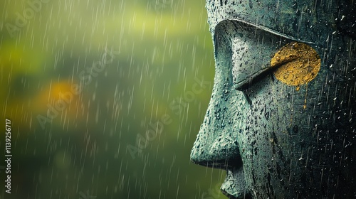 Buddha statue viewed through raindappled window high fidelity serene environment spiritual concept photo