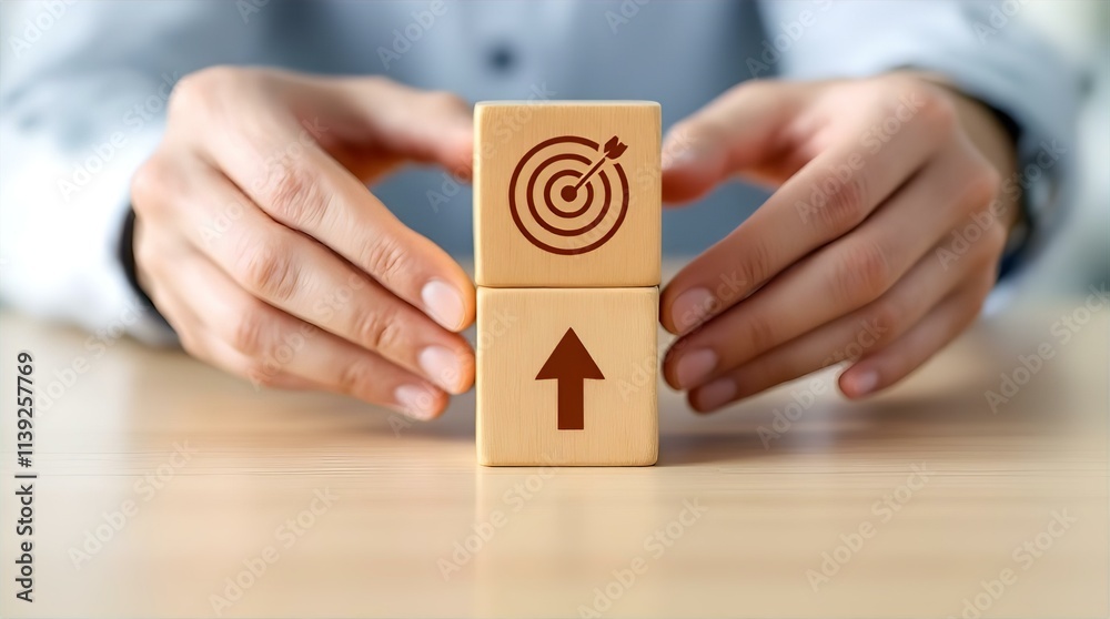 Achieving Goals: Hands Carefully Stacking Wooden Blocks with Target and Up Arrow Icons, Symbolizing Progress and Success Achieving Goals: Hands Carefully Stacking Wooden Blocks with Target and Up Arrow Icons, Symbolizing Progress and Success