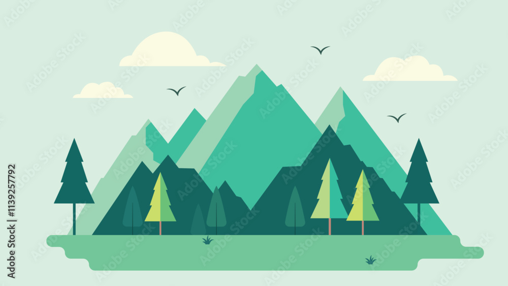Green Mountain Nature View Landscape with Pine Fir Conifer Trees in Forest Green Mountain Nature View Landscape with Pine Fir Conifer Trees in Forest