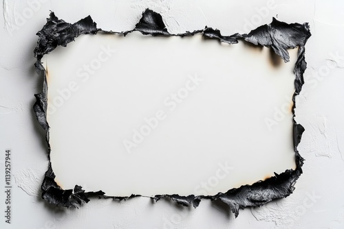 Burned edges frame a white paper background