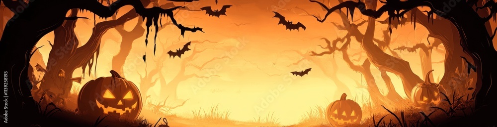 Eerie orange forest with pumpkins and bats at halloween night. Eerie orange forest with pumpkins and bats at halloween night.