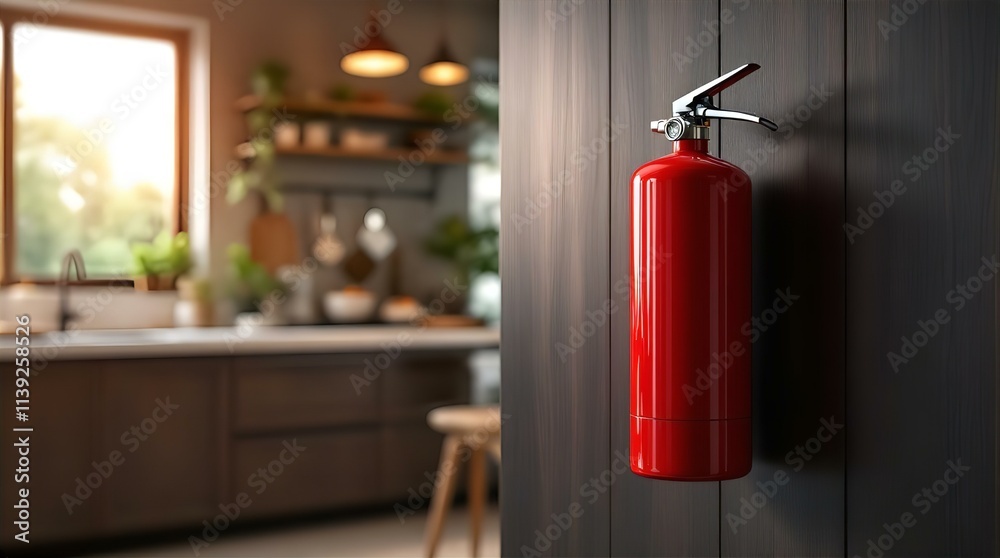 Red Fire Extinguisher Mounted on Dark Wood Panel in Modern Kitchen Setting Red Fire Extinguisher Mounted on Dark Wood Panel in Modern Kitchen Setting