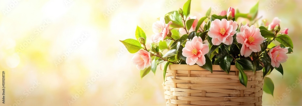 Pink camellias in woven basket, soft, blurred background. Pink camellias in woven basket, soft, blurred background.