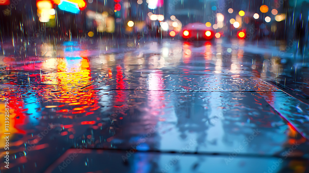 A rainy city street with a car driving down it A rainy city street with a car driving down it
