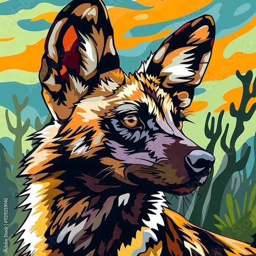 Vibrant wild dog portrait africa digital art nature close-up wildlife conservation theme photo