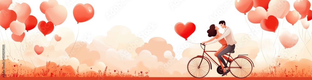 Couple rides bicycle; floating heart balloons. Couple rides bicycle; floating heart balloons.