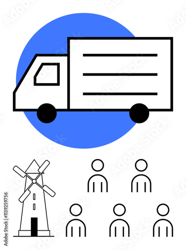 Truck over blue circle, windmill and five people figures. Ideal for transportation, community, teamwork, rural lifestyle, logistics, renewable energy, and social unity. Line metaphor