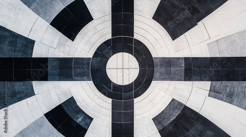 Abstract Black and White Circular Stone Pavement Design - Top View