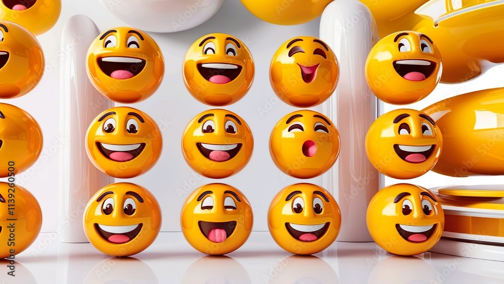 A set of vibrant 3D emoticons, featuring expressive and lifelike designs with smooth, glossy surfaces.