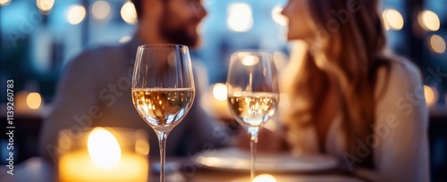 Romantic couple have dinner with wine in cozy, candlelit restaurant. photo