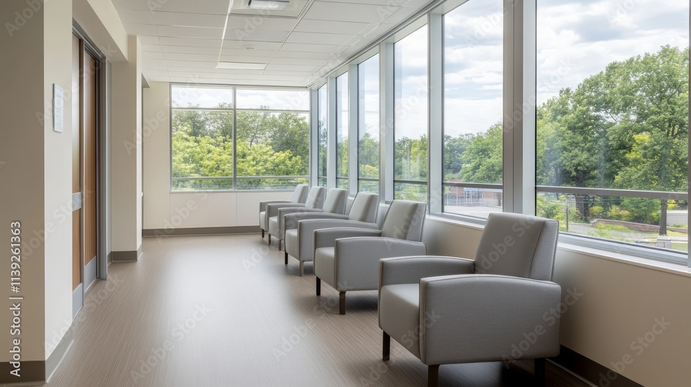 Fototapeta premium Modern and Inviting Waiting Room with Comfortable Gray Chairs and Large Windows Overlooking Green Outdoors in Bright and Airy Interior Design