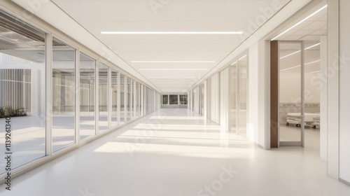 Bright, Modern Hallway in an Urban Healthcare Facility Featuring Glass Walls and Natural Light for a Welcoming and Sterile Environment