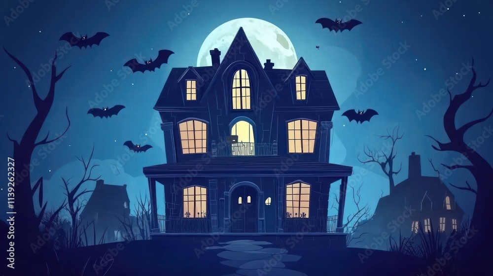 Spooky mansion at night with bats and full moon. Spooky mansion at night with bats and full moon.