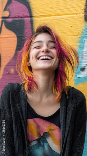 Joyful person with vibrant hair laughing against colorful graffiti backdrop