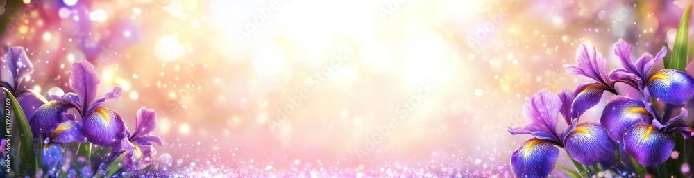 Purple iris flowers sparkle against bokeh soft, glowing light. Purple iris flowers sparkle against bokeh soft, glowing light.