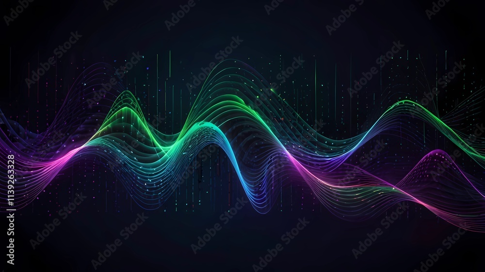 Fototapeta premium Sound waves oscillating dark blue purple green light, Wave Abstract technology background