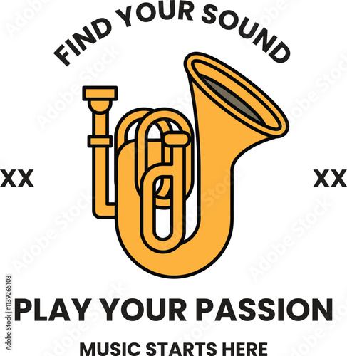 A yellow trumpet with a black mouthpiece and a white background