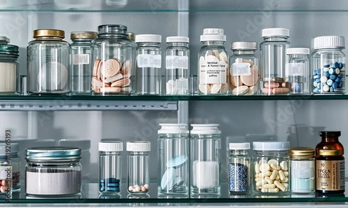 An Organized Medicine Cabinet Displaying an Assortment of Pills, Tablets, and Powders in Various Clear Containers