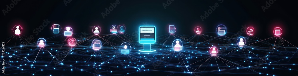 Networked users connected to a central screen, data flow, glow. Networked users connected to a central screen, data flow, glow.