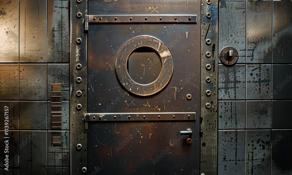 Industrial Metal Door with Circular Window in Grunge Setting Industrial Metal Door with Circular Window in Grunge Setting