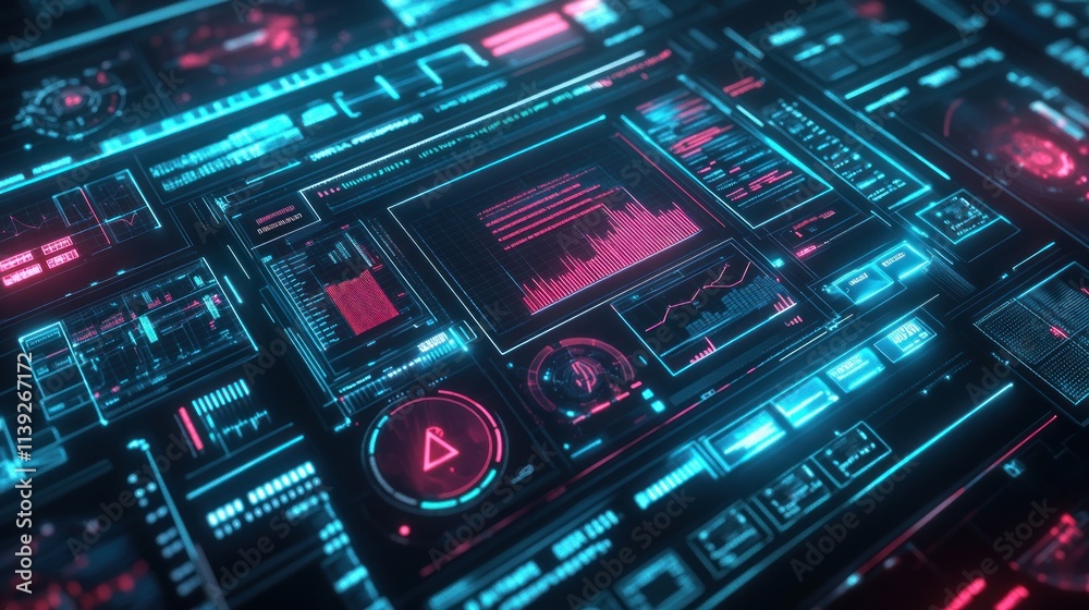 Futuristic interface with glowing blue and red data. Futuristic interface with glowing blue and red data.